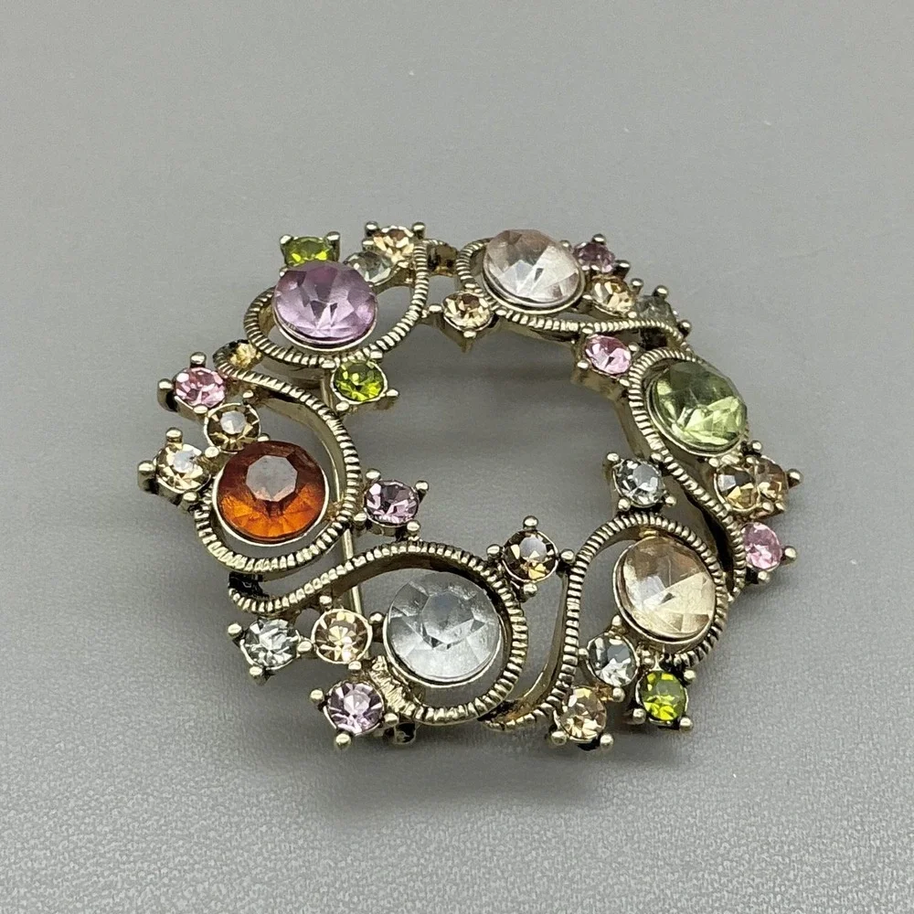 Vintage Monet Brooch Round Wreath Multicolor Rhinestone Gold Tone Pin Costume